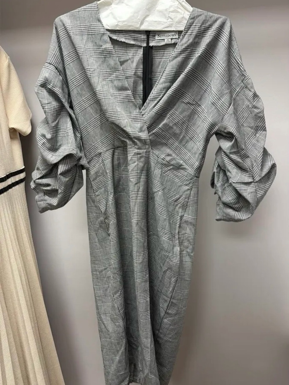Smythe Gray Glen Plaid Midi Dress with Statement Puff Sleeves